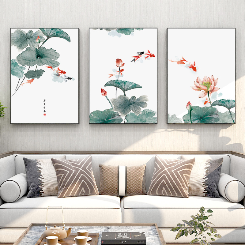 年年有余装饰画荷花图挂画新中式客厅背景墙画餐厅水墨九鱼图壁画图片