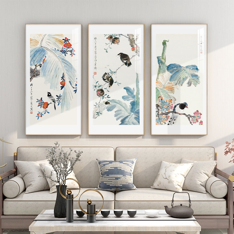 百特好 芭蕉叶装饰画新中式客厅三联挂画花鸟国画玄关背景墙壁画