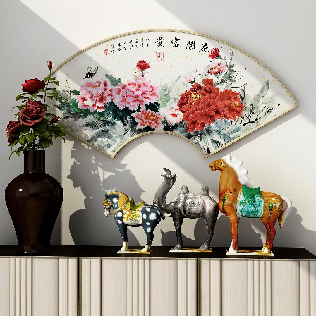 百特好 新中式花开富贵装饰画扇形牡丹图国画客厅挂画玄关墙壁画