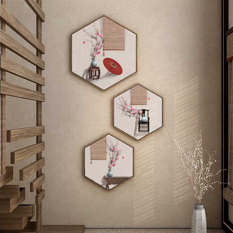 百特好 楼梯玄关装饰画新中式客厅梅花三联挂画古风民宿墙面壁画