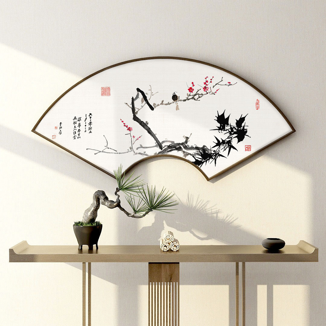 齐白石x梅花图 新中式扇形装饰画玄关背景墙挂画水墨禅意客厅壁画