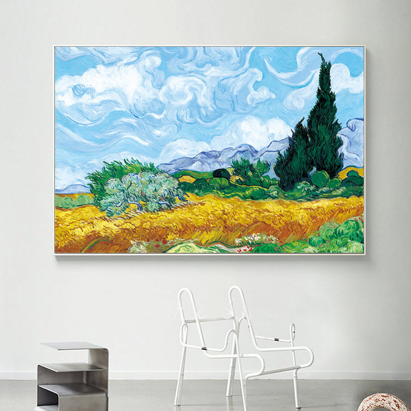 麦田中的柏树 梵高装饰画印象派现代客厅风景挂画餐厅壁画艺术画