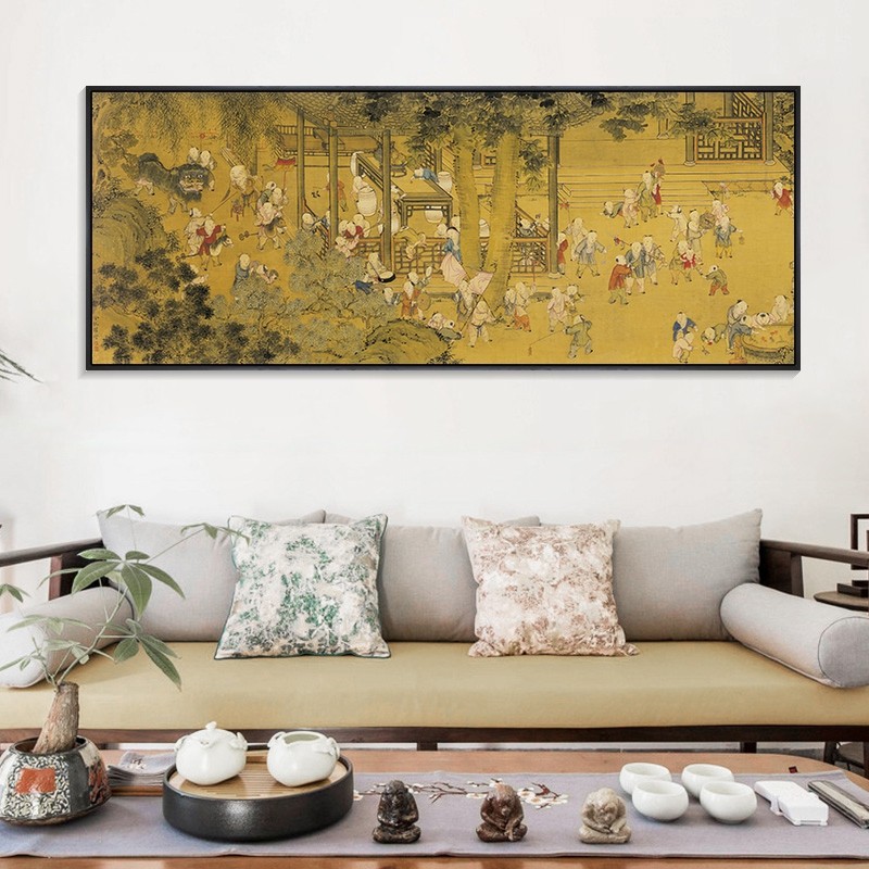 冷枚百子图国画新中式客厅装饰画古代国画复古酒店卧室床头画横幅