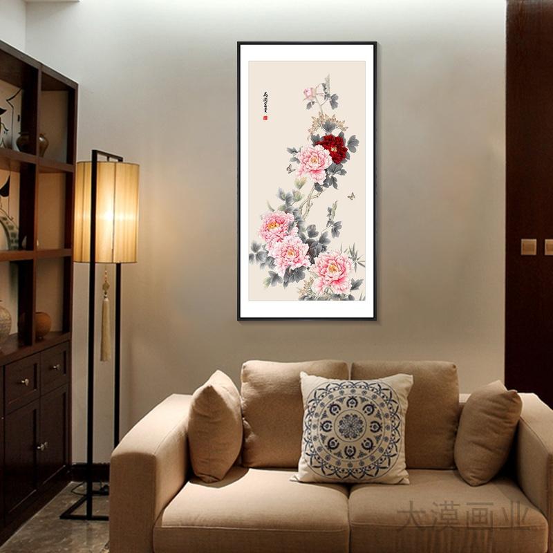新中式玄关装饰画牡丹花挂画餐厅背景墙壁画客厅花开富贵国画竖版