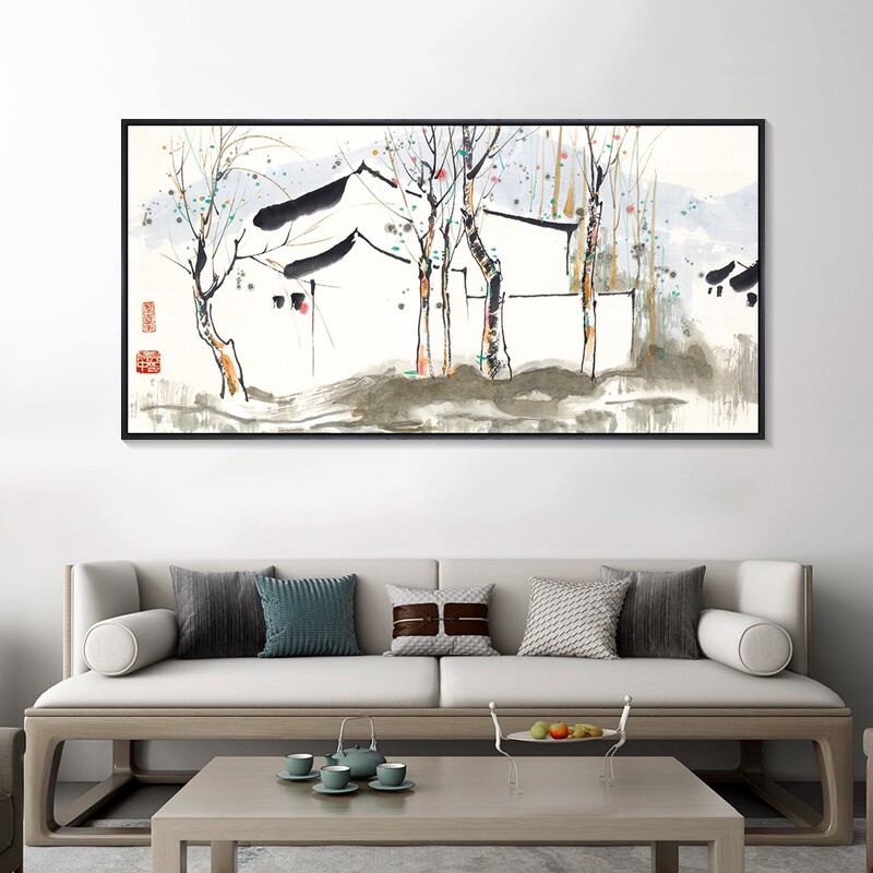 吴冠中装饰画抽象水墨山水画江南水乡挂画中国风客厅茶室壁画横版