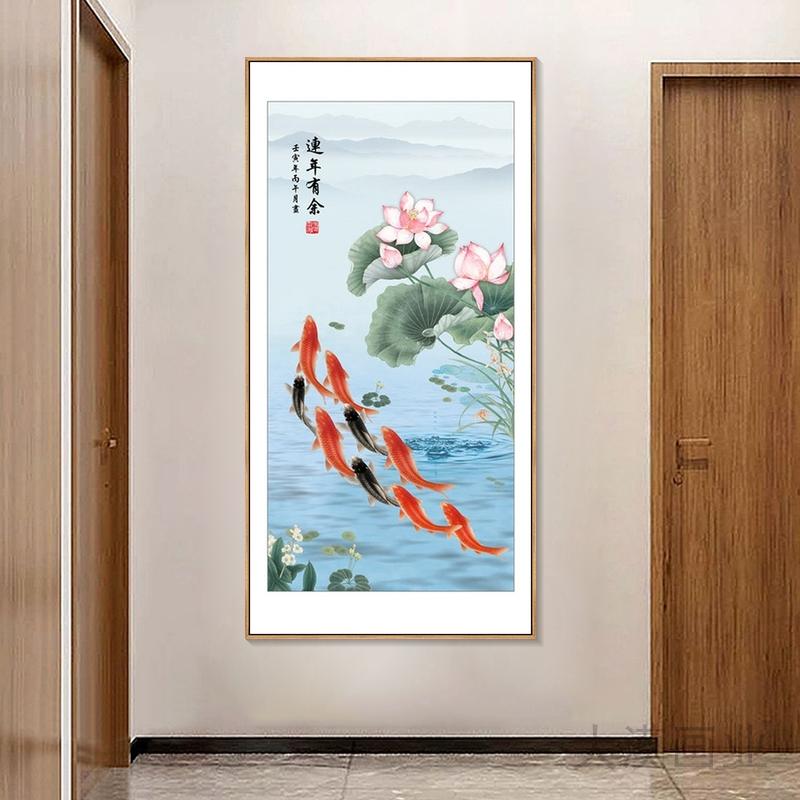 新中式玄关九鱼荷花竖版装饰画图片