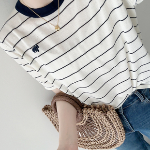2026春夏新款撞色条纹绢丝针织T恤女圆领套头宽松通勤风上衣96070