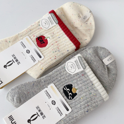 五双装Penguin Mill企鹅米尔秋冬棉质小猫女袜高筒舒服中筒棉袜子