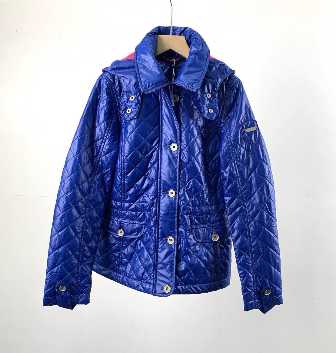 SPI美国品牌女士修身显瘦薄款连帽长袖菱格蓝色立领羽绒棉衣棉服