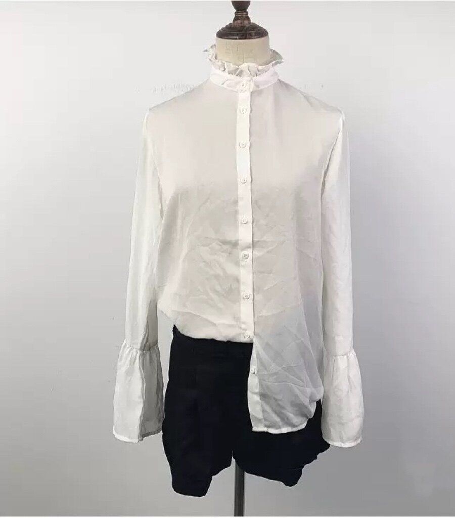 香港品牌bm春夏纯色简约花边立领喇叭长袖衬衫淑女雪纺打底衫