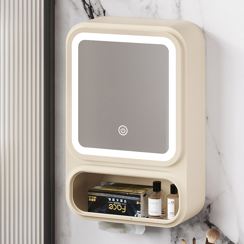 D家用浴室收纳盒带灯光化妆镜壁挂式免打孔防尘化妆品防尘收纳架
