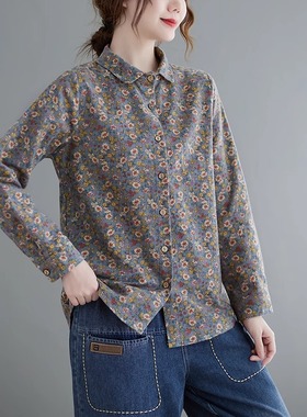文艺复古碎花长袖衬衫中年妈妈女士春季新款打底衬衣棉麻通勤上衣