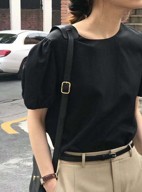 短袖女2025夏季新款韩版原创纯色泡泡袖宽松上衣大码圆领棉麻女装