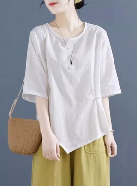 提花棉麻上衣短袖T恤女夏盘扣含棉复古宽松显瘦不规则衣服