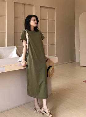 懒人T恤中长裙女 2024夏季新款宽松显瘦开叉连衣裙休闲中长裙