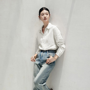 法式柠檬黄纯棉衬衫女春秋外穿长袖宽松亚麻衬衣2026新款爆款洋气