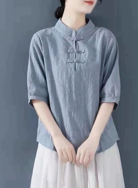 民族风棉麻刺绣衬衫女夏款妈妈装宽松五分袖立领中式盘扣唐装上衣