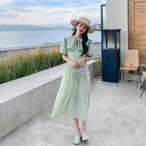 双层娃娃领绿色连衣裙女夏清纯甜美气质显瘦小清新减龄法式长裙子图片