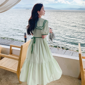双层娃娃领绿色连衣裙女夏清纯甜美气质显瘦小清新减龄法式长裙子,李小萌半身裙搭配图片