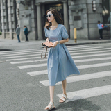 蓝色赫本连衣裙女春夏女装2024新款夏装温柔收腰气质高端棉麻裙子，女装连衣裙，浙宝228