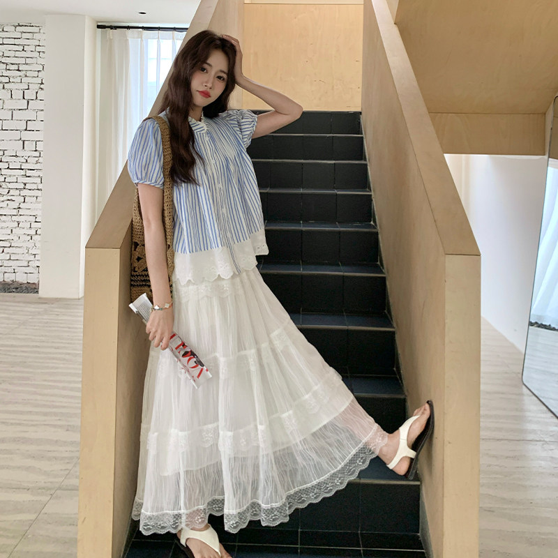 韩系穿搭一整套女2025夏季新款设计感小众蕾丝拼接衬衫半身裙套装,女装套装/套裙,浙宝228