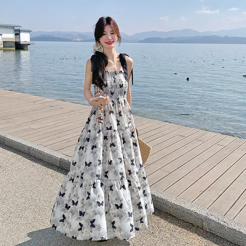 系带蝴蝶结碎花吊带无袖连衣裙女夏2025新款度假风海边沙滩裙爆款,女装连衣裙,浙宝228