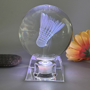 创意人造水晶羽毛球摆件LED七彩变色轮流变换桌面装饰礼盒水晶球