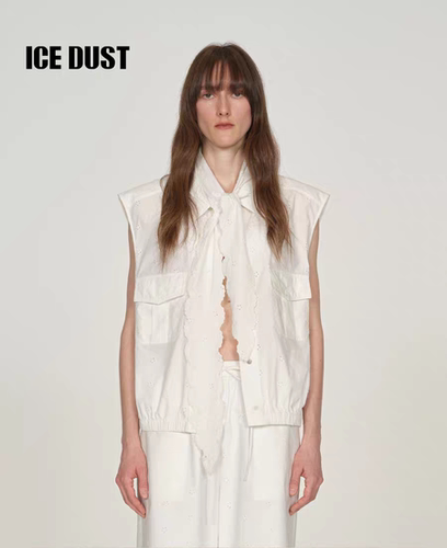 ICEDUST 领结花边无袖小衫女25PF系列夏季设计感刺绣白色马甲上衣