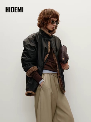 HIDEMI 双面两穿立领圈圈绒拼接复古做旧感加厚毛毛大衣外套