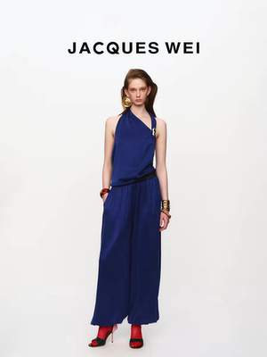 JACQUES WEI 慵懒风宝蓝色缎面休闲裤女夏设计感垂感束脚灯笼长裤