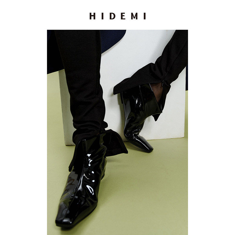 HIDEMI【到店必入】极简方尖头内增高踝靴短靴 牛皮/漆皮