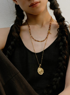 BIAS GUIDE勋章双层叠戴项链天然石串珠马吊坠项链日常百搭毛衣链