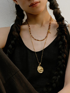 BIAS GUIDE勋章双层叠戴项链天然石串珠马吊坠项链日常百搭毛衣链