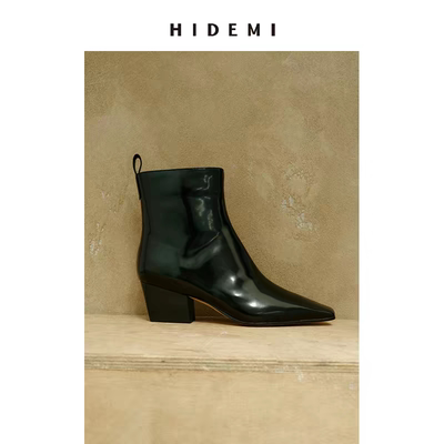 HIDEMI【赵丽颖同款】经典方尖头切尔西进口雾面牛皮厚底方跟短靴