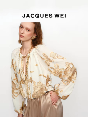 jacques wei 法式金色刺绣钉珠上衣 设计感V领系带灯笼袖收腰衬衫