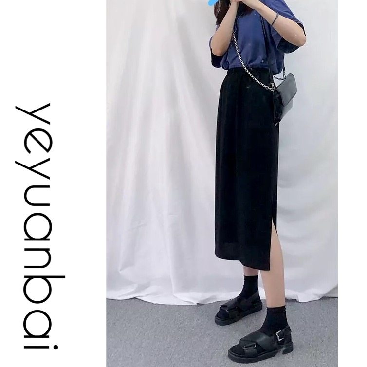 野原白夏季超显瘦侧开叉垂坠感松紧腰半身裙女夏裙子