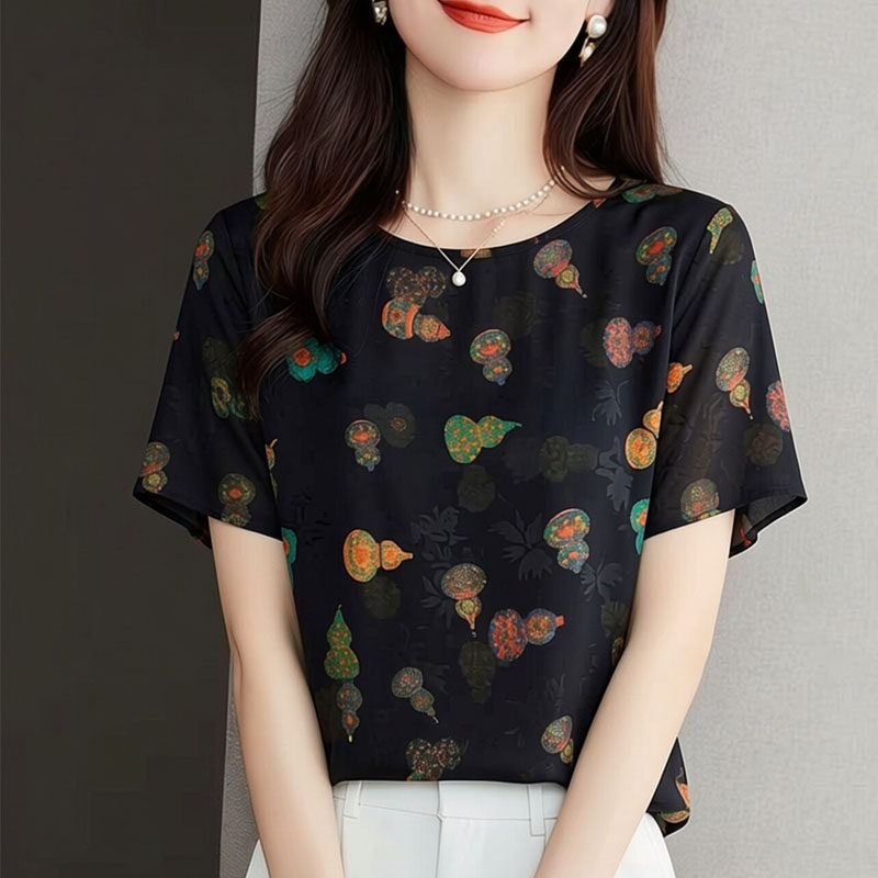 桑蚕丝真丝混纺衬衫女短袖小衫阔太太洋气减龄妈妈装桑蚕丝上衣女