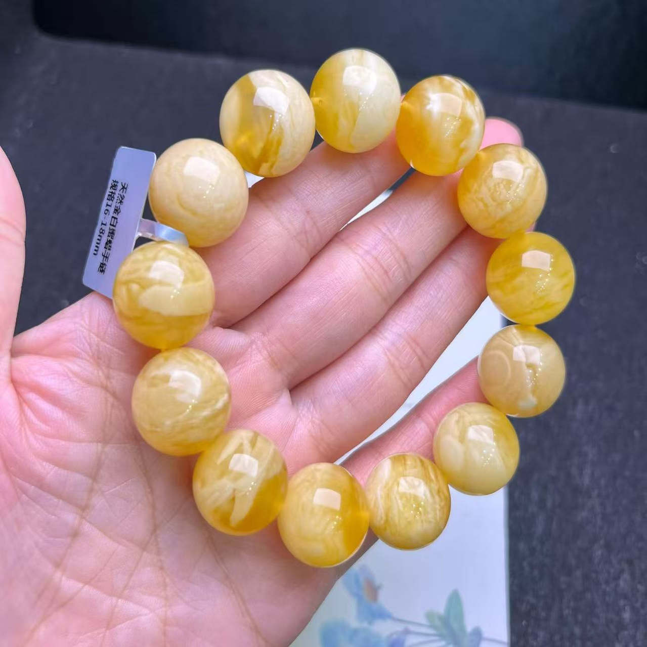 天然蜜蜡手串白金妖花琥珀手链满蜜男女款佛珠单圈圆珠鸡油黄配饰