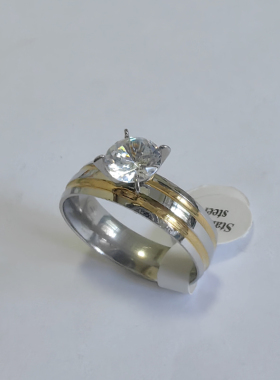 清仓处理  6mm宽 锆石 2条金色纹路 银色 不锈钢 戒指