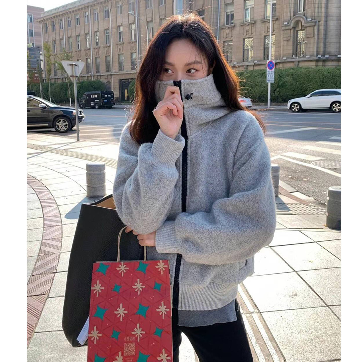 Misskaka 加厚保暖摇粒绒羊毛外套女 灰色运动休闲高领夹克上衣女