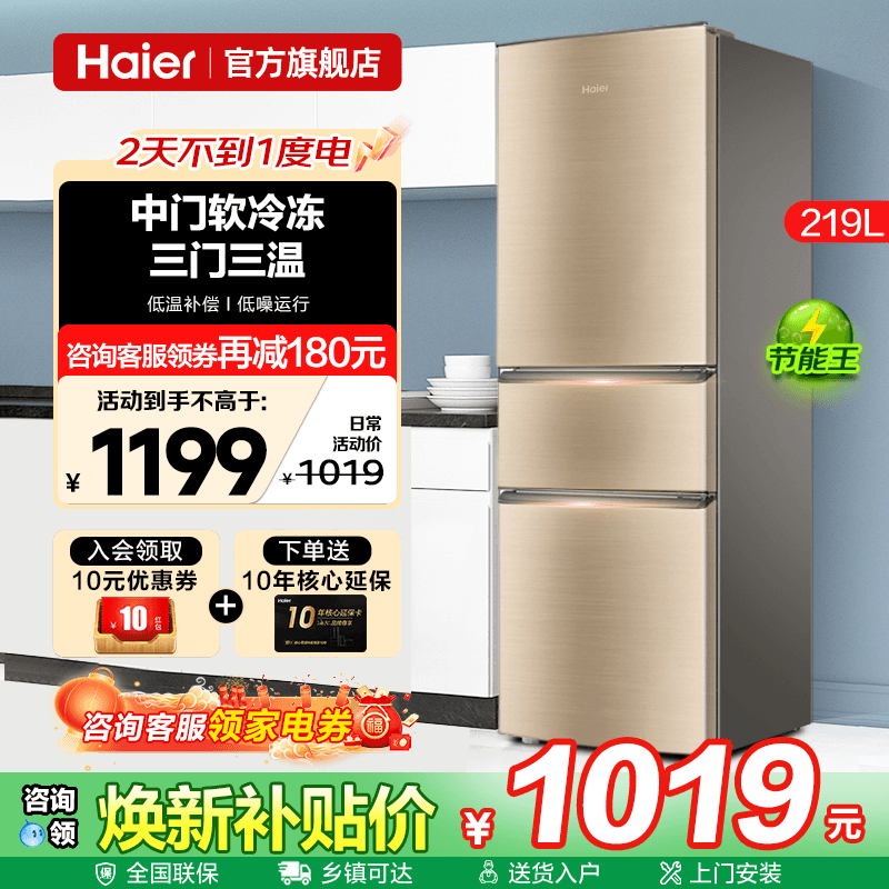 Haier海尔冰箱219升三开门家用小型出租房用两门二人电冰箱旗