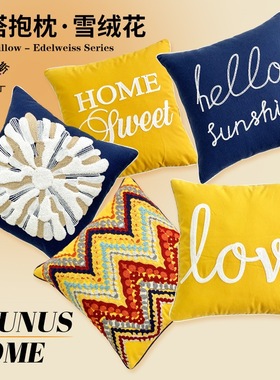北欧美式客厅纯棉带滚条黄色深蓝字母刺绣沙发抱枕靠垫枕套黄蓝