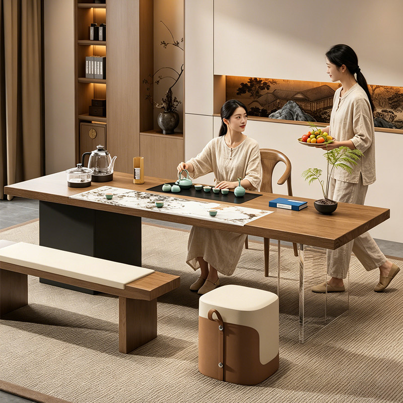果漫茶桌|实木岩板+茶盘烧水一体图片
