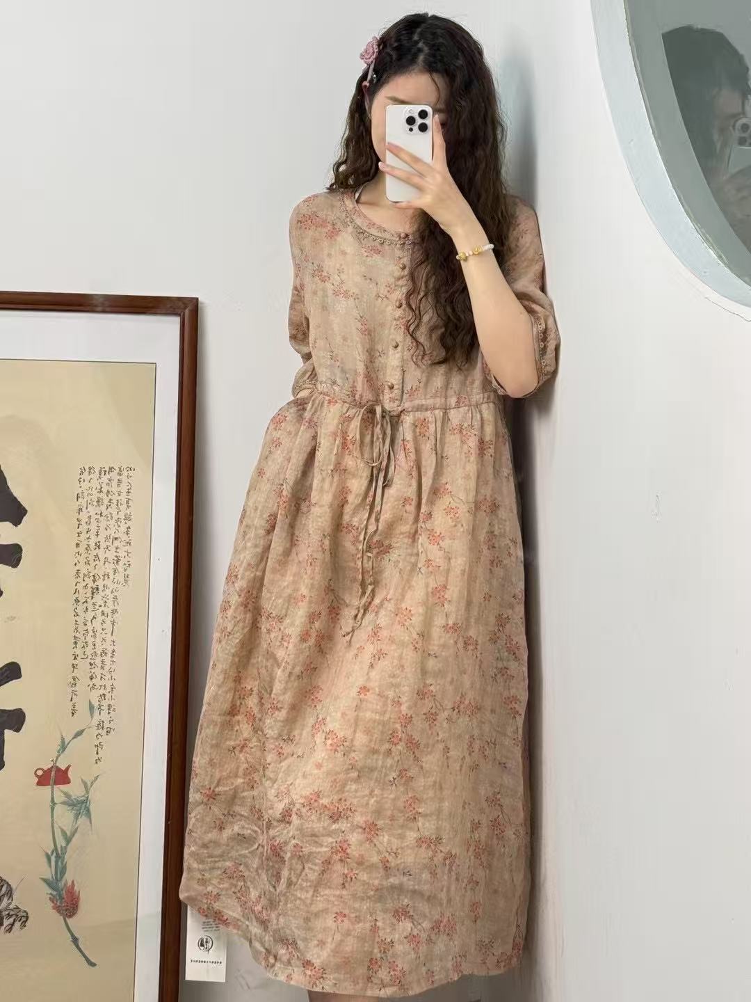 【小碎花苎麻连衣裙】夏季新款圆领时尚洋气宽松连衣裙