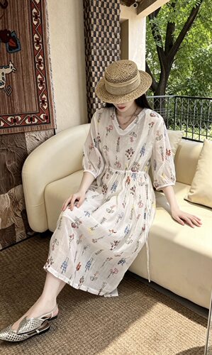 【老板娘容容新号】2026夏季全内度假风满身花朵苎麻连衣裙