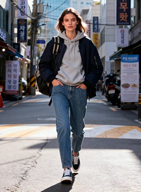 胖MM新品特大码纯棉牛仔裤外贸M家 简约水洗蓝色小直筒牛仔老爹裤