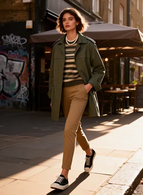 外贸潮牌T家女秋冬军绿色中长款休闲外套 宽松工装上衣长袖修身裤