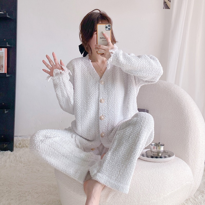2023新款睡衣女秋冬季珊瑚绒开衫加厚加绒可外穿半边绒家居服套装