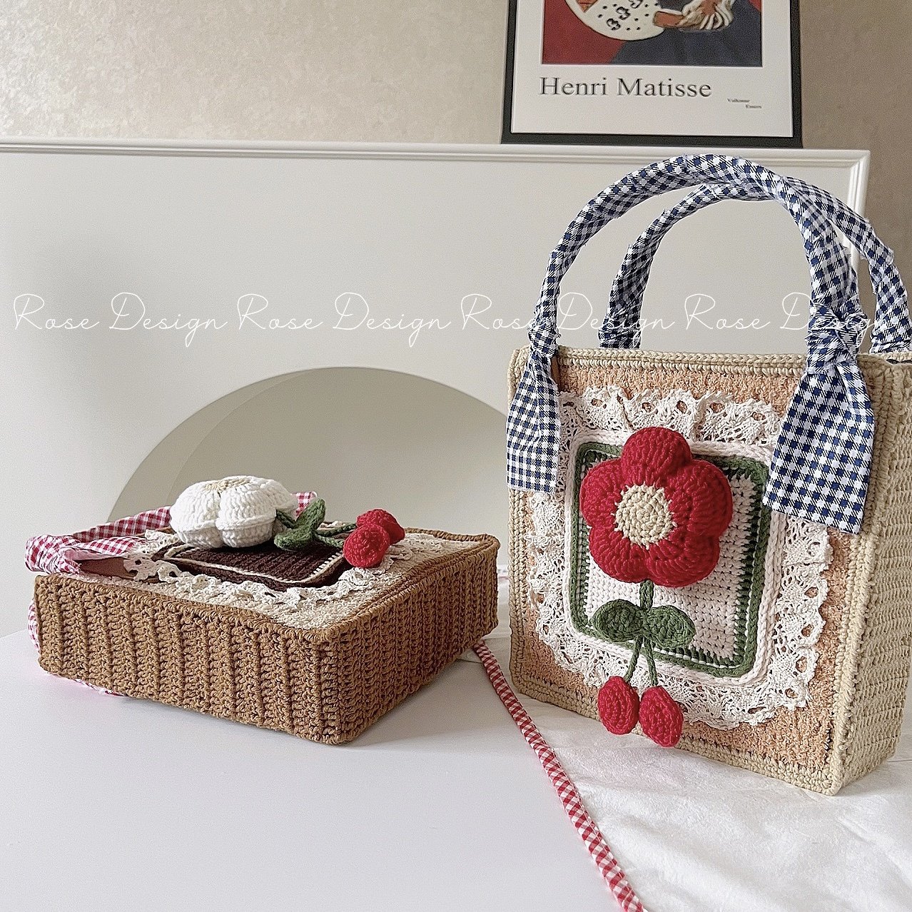 ROSES PLACE OF LIFE CHILDLIKE RETRO CHERRY BLOSSOM KNITTED BAG DIY HANDMADE CROCHET WOOL MATERIAL BAG INS KOREAN