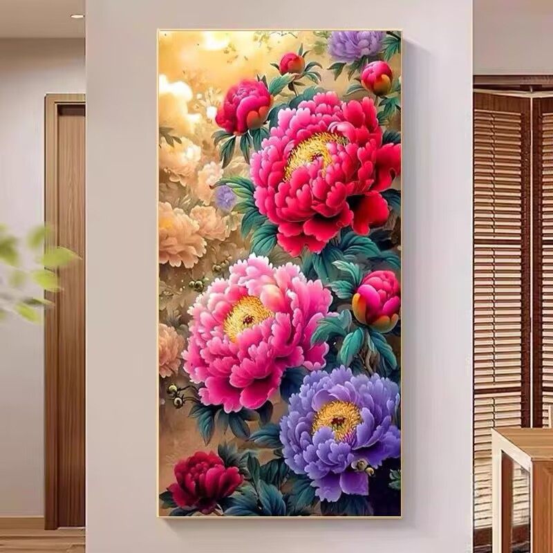 花开富贵钻石画2025新款满钻玄关竖版牡丹花中式走廊5D粘钻十字绣